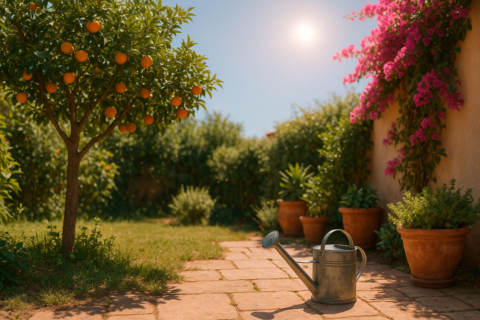 jardín-mediterráneo-en-Málaga Foto de un jardín mediterráneo en Málaga con naranjo cargado de frutos, buganvillas en flor, macetas y regadera bajo el sol de verano